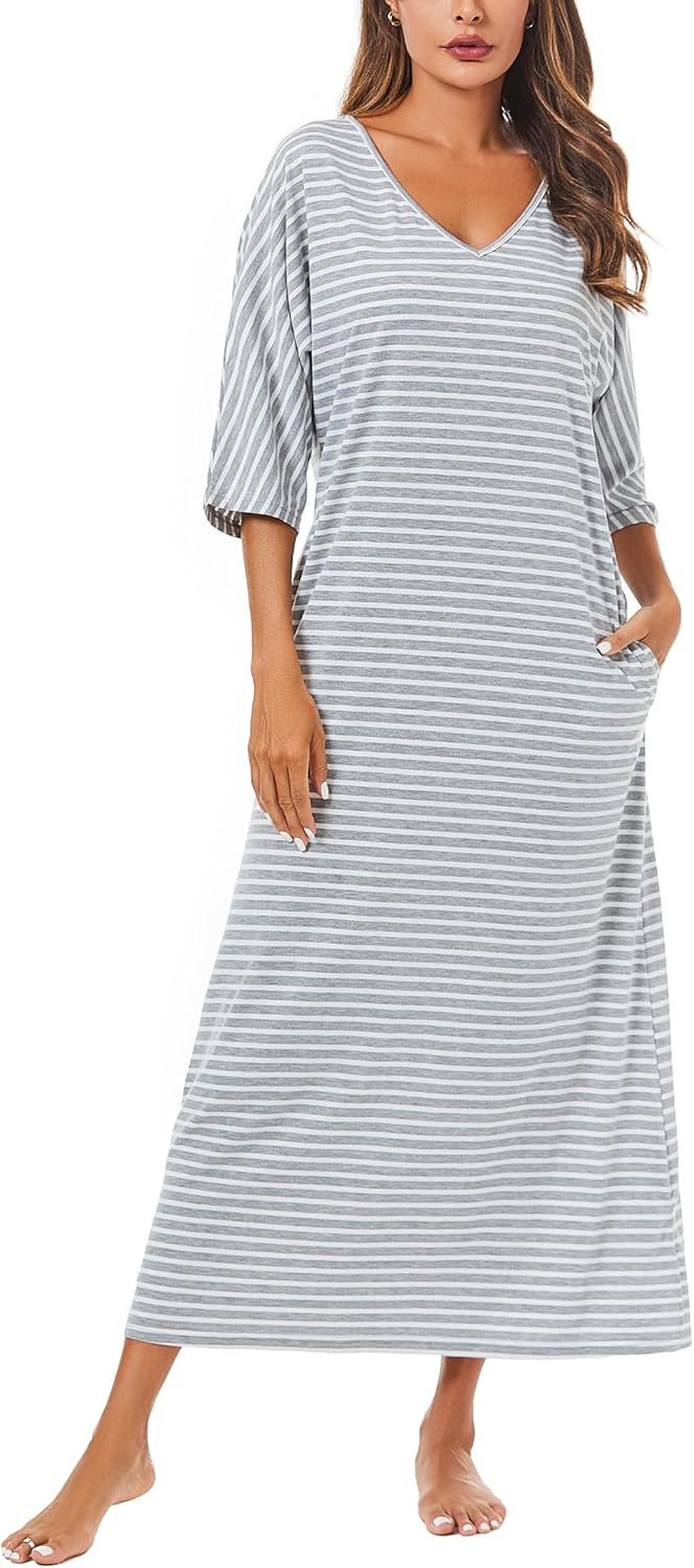 Uniexcosm Nachthemd Damen Lange Baumwolle 3/4 Ärmel Nachtkleid Nachtwäsche V-Ausschnitt Freizeitklei