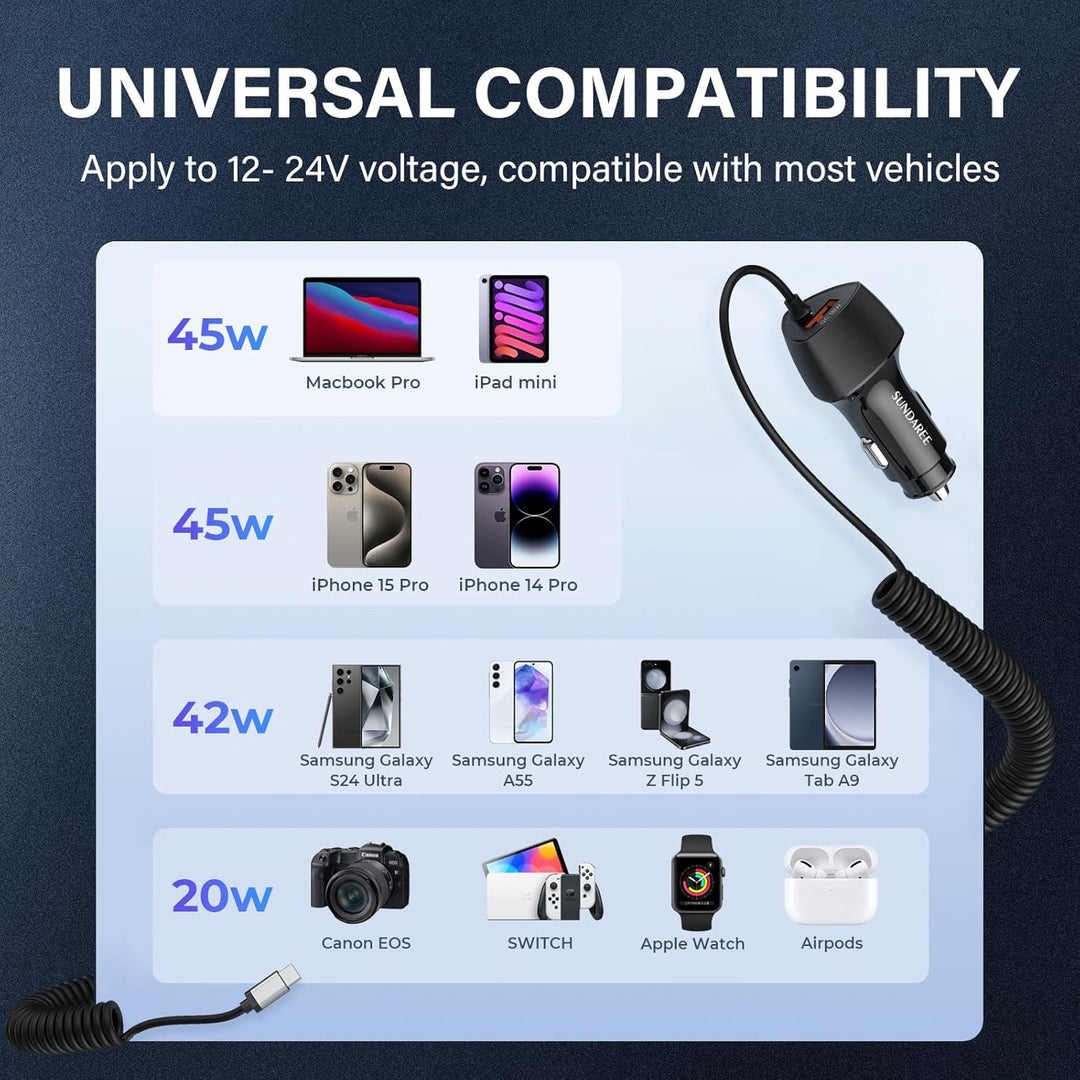 SUNDAREE Auto Ladegerät USB C Kabel,90W 12V 24V Kfz Handyladegeräte PD Typ C Schnellladen 1.8M Spira
