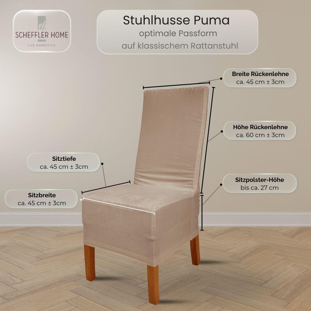 SCHEFFLER-Home Stretch Stuhlhussen Samt Puma Velvet/Velours Stuhlhussen 4er Set Grau lang/Stuhlabdec
