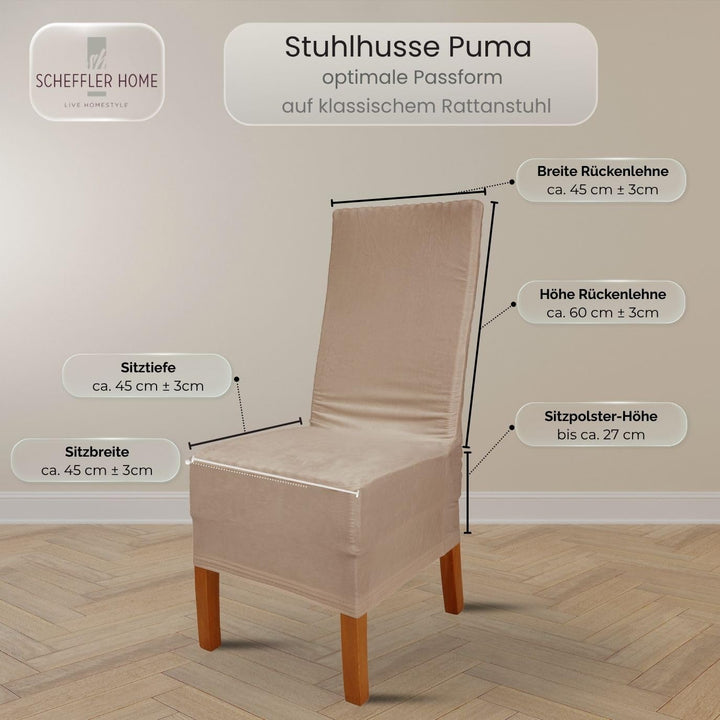 SCHEFFLER-Home Stretch Stuhlhussen Samt Puma Velvet/Velours Stuhlhussen 4er Set Grau lang/Stuhlabdec