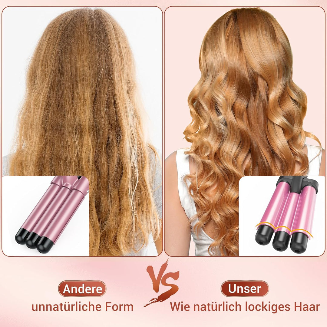 Beach Waves Lockenstab 3 Barrel - Edelstahl Heizung Wellig Lockenstab für langes & kurzes Haar, Rosa