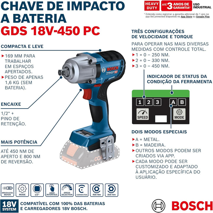 Bosch Professional 18V System Akku Drehschlagschrauber GDS 18V-450 PC (450 Nm Anziehmoment, 800 Nm L