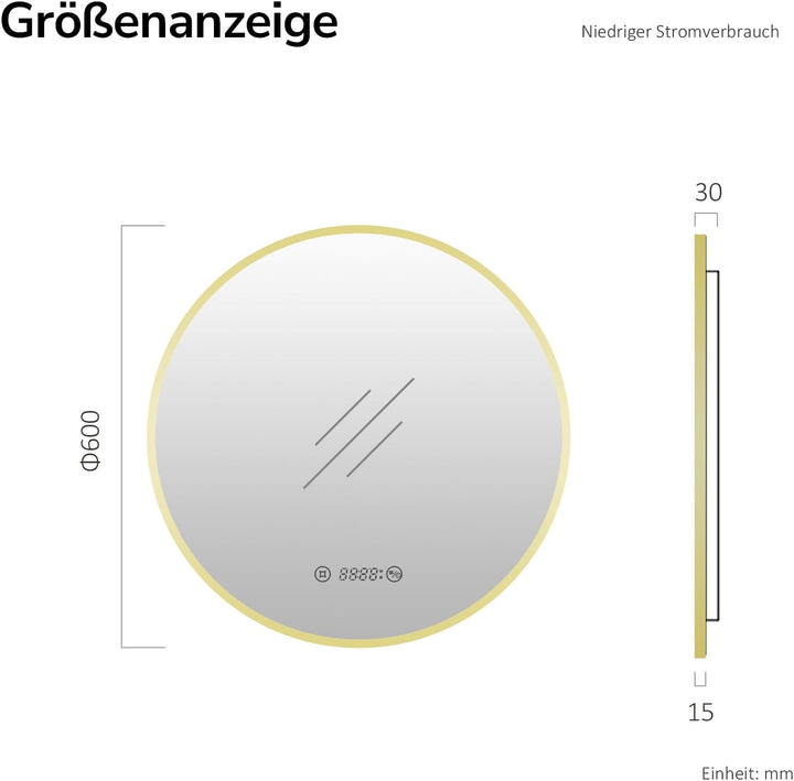 EMKE LED Badspiegel Rund Spiegel mit Beleuchtung ф60cm Gebürstetem Goldrahmen LED Badezimmerspiegel