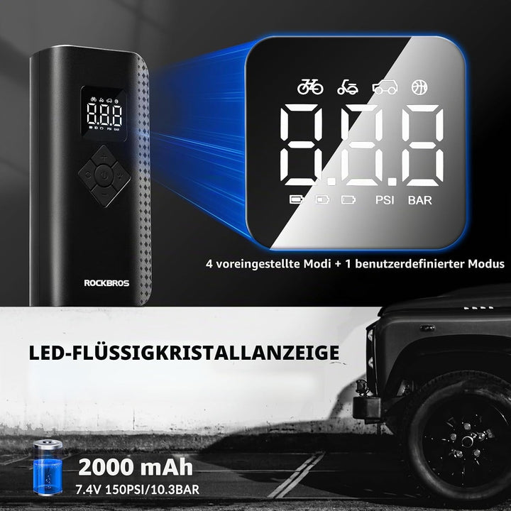 ROCKBROS Luftpumpe Elektrische Fahrradpumpe Mini Kompressor 7-150PSI 2000mAh 5 Modi Tragbare Kompati