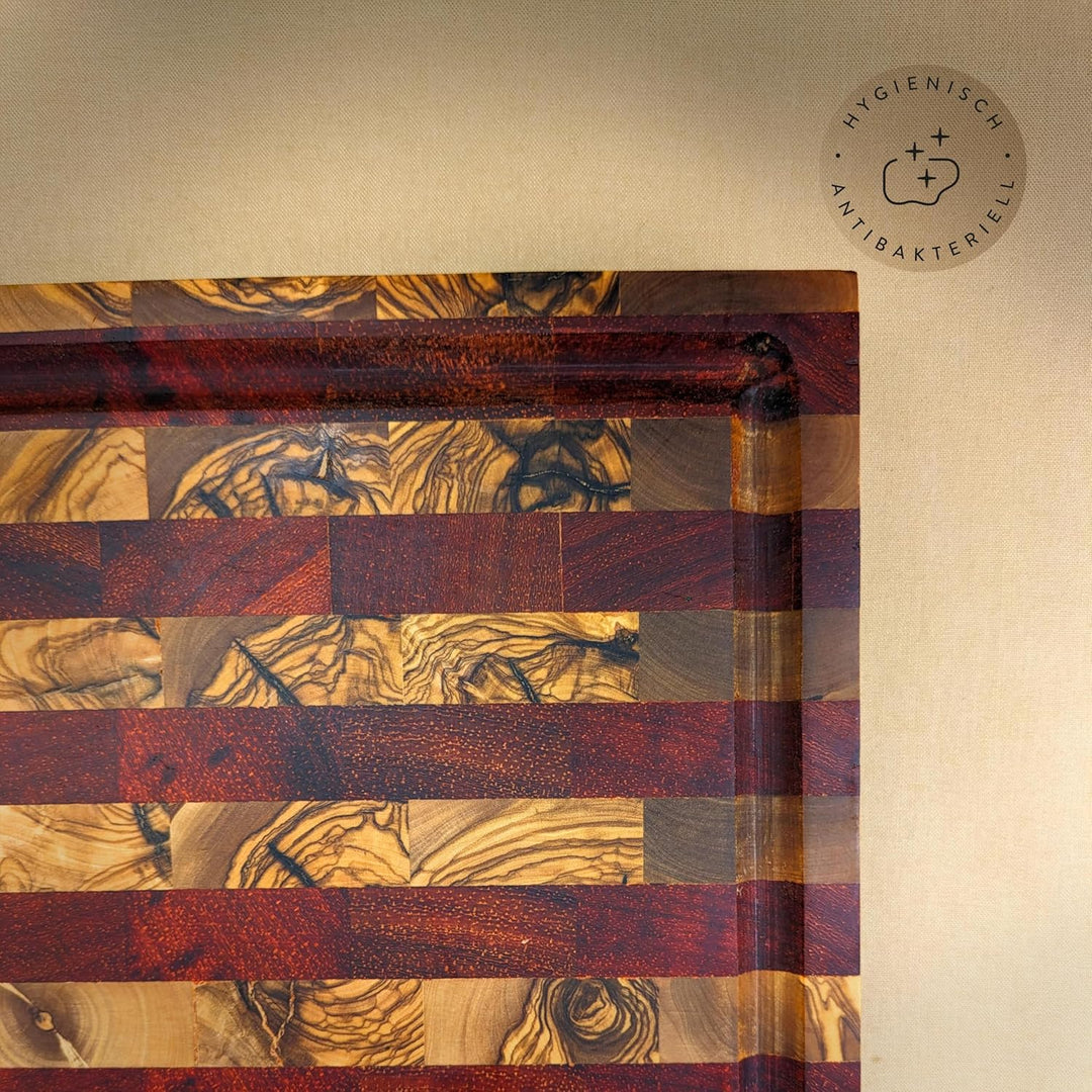 DAS OLIVENHOLZBRETT® Exklusives Mosaik & Stripes Schneidebrett Mit Saftrille - Luxus Hirnholzbrett A