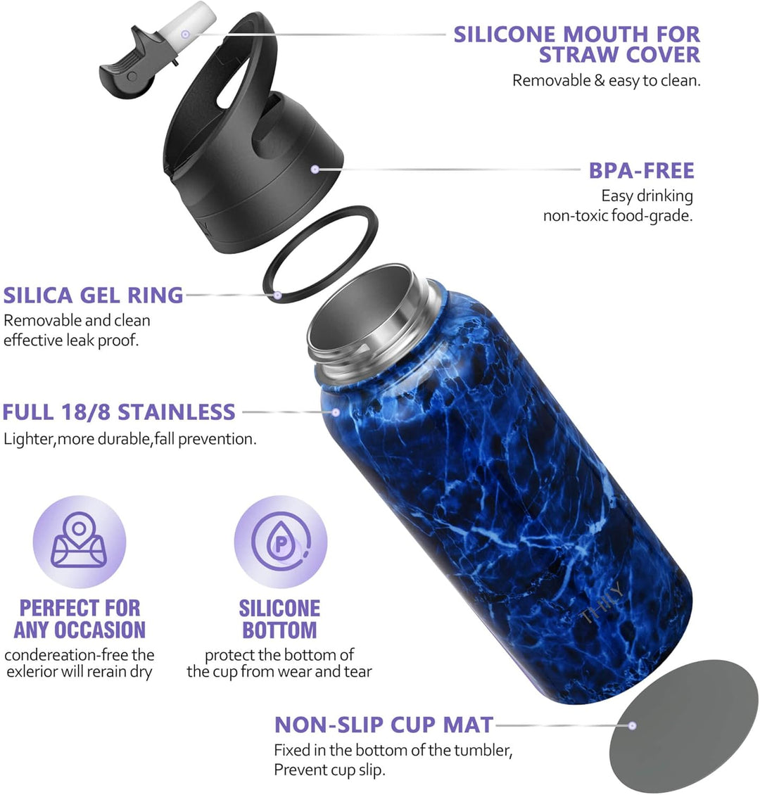 Vakuumisolierte Sport-Wasserflasche - THILY 945 ml Edelstahl-Weithalsflasche mit Flip-Deckel und Str