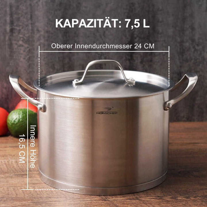 HOMICHEF Schwerer ökologischer Suppentopf aus nickelfreiem Edelstahl mit Deckel (24 cm, 7,5 Liter) –