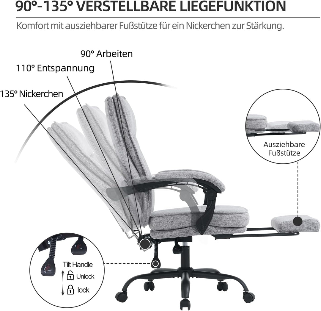 Ergonomischer Bürostuhl mit Liegefunktion, Fussstütze, 90°-135° Neigbar Schreibtischstuhl, Synchroni