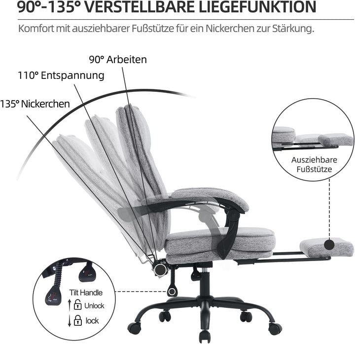 Ergonomischer Bürostuhl mit Liegefunktion, Fussstütze, 90°-135° Neigbar Schreibtischstuhl, Synchroni