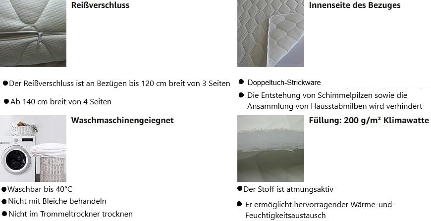Matratzenbezug 90 x 200 cm. Matratzenschoner versteppt mit Reissverschluss (90 x 200 x 12 cm), 90 x