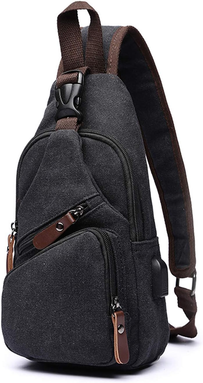 FANDARE Brusttasche Herren Schultertasche Sling Bag Rucksack mit USB Segeltuch Tasche Umhängetasche