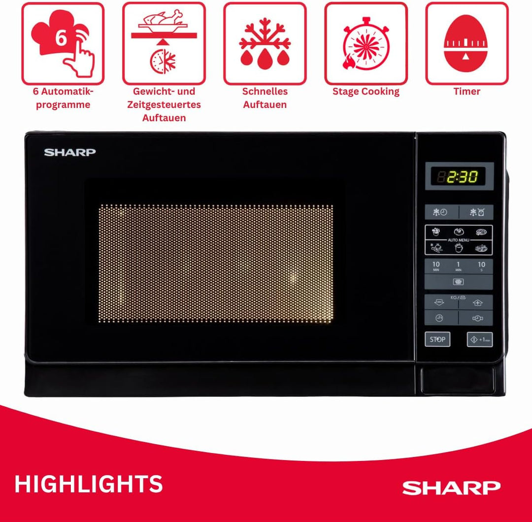 Sharp R742BKW 2-in-1 Mikrowelle mit Grill / 25 L / 900 W / 1000 W Grill / LED-Display / 8 Automatikp