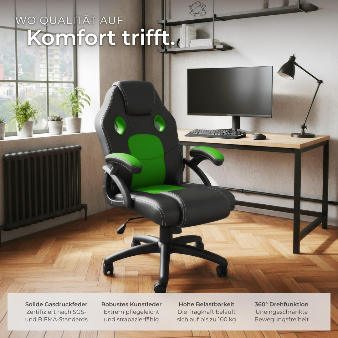 tectake® Racing Bürostuhl, Gaming Stuhl mit Wippfunktion, Chefsessel, Drehstuhl mit Rollen, höhenver