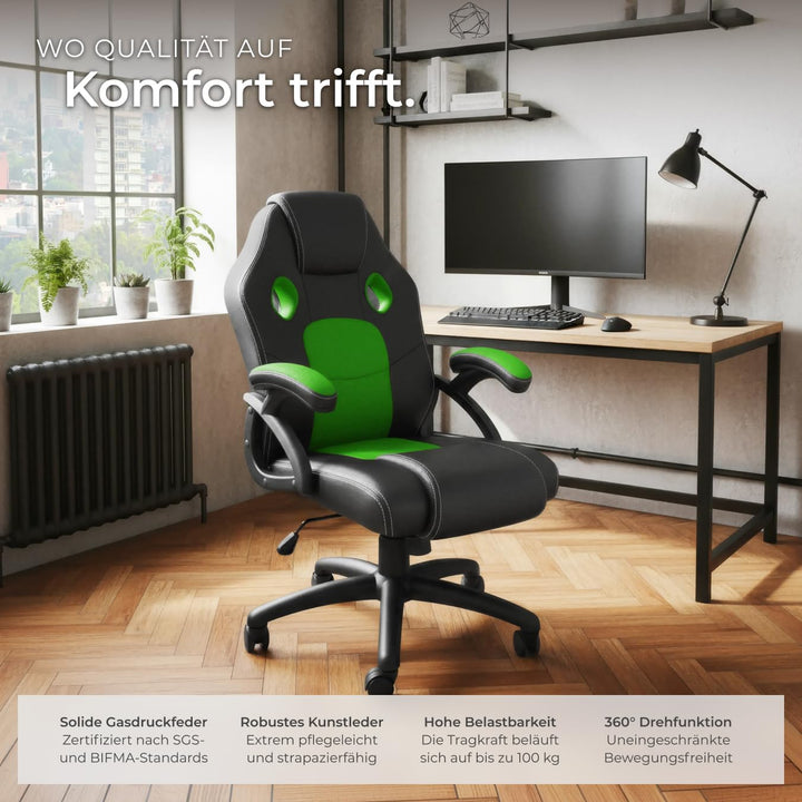 tectake® Racing Bürostuhl, Gaming Stuhl mit Wippfunktion, Chefsessel, Drehstuhl mit Rollen, höhenver