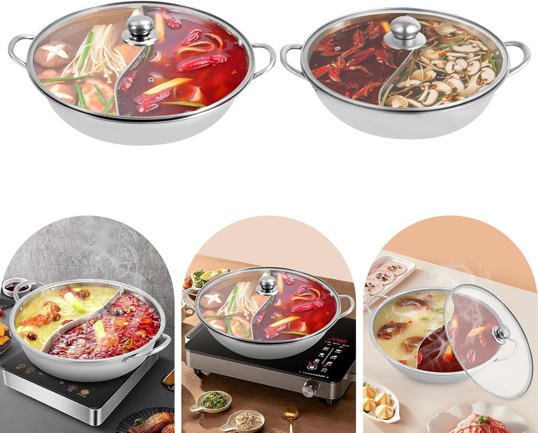 Hot pot Topf Suppe 34cm/28cm Kochgeschirr Rund Kochtopf aus Edelstahl mit Trennwand und sichtbaren D