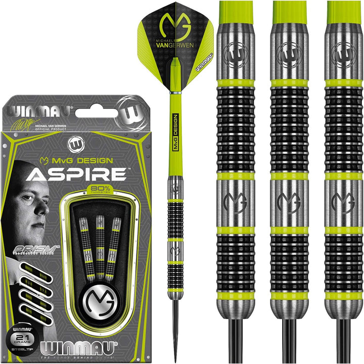 WINMAU Michael van Gerwen MvG Aspire Tungsten Steeltip Dart-Set mit Prismen-Flights und Nylon-Schäft