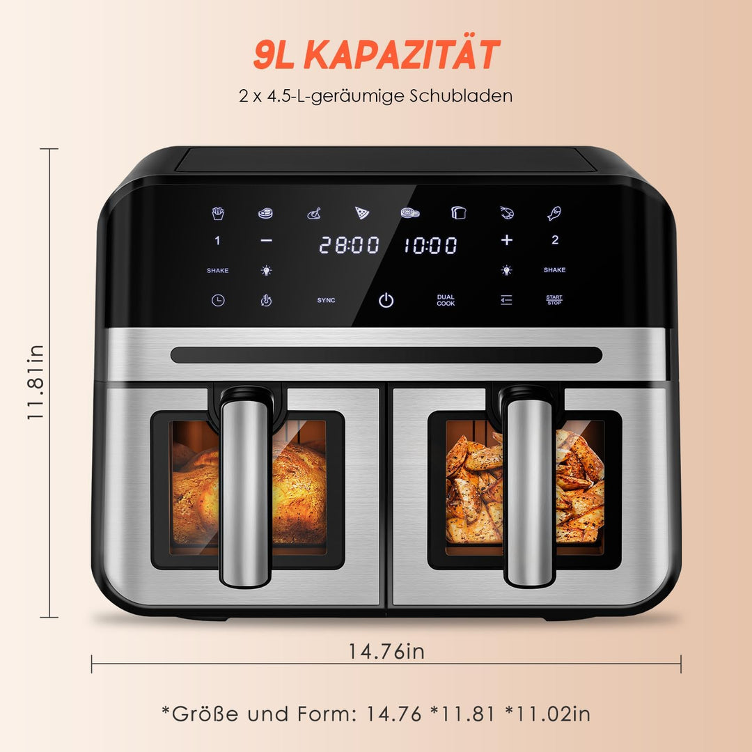Airfryer,Heissluftfritteuse 2 kammern,8 Programme,Heissluftfritteuse mit Touchscreen,Spülmaschinenfe