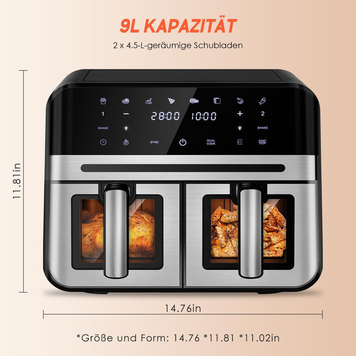 Airfryer,Heissluftfritteuse 2 kammern,8 Programme,Heissluftfritteuse mit Touchscreen,Spülmaschinenfe