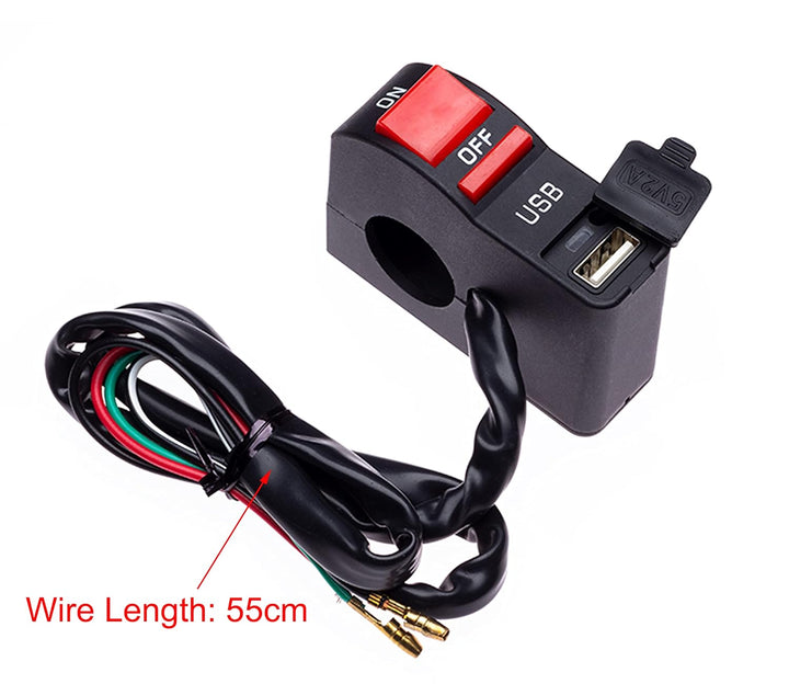Motorrad Ein-/Aus-Schalter mit USB-Ladeanschluss, Buchse für Handy, Navi, GPS, passend für 22 mm Len