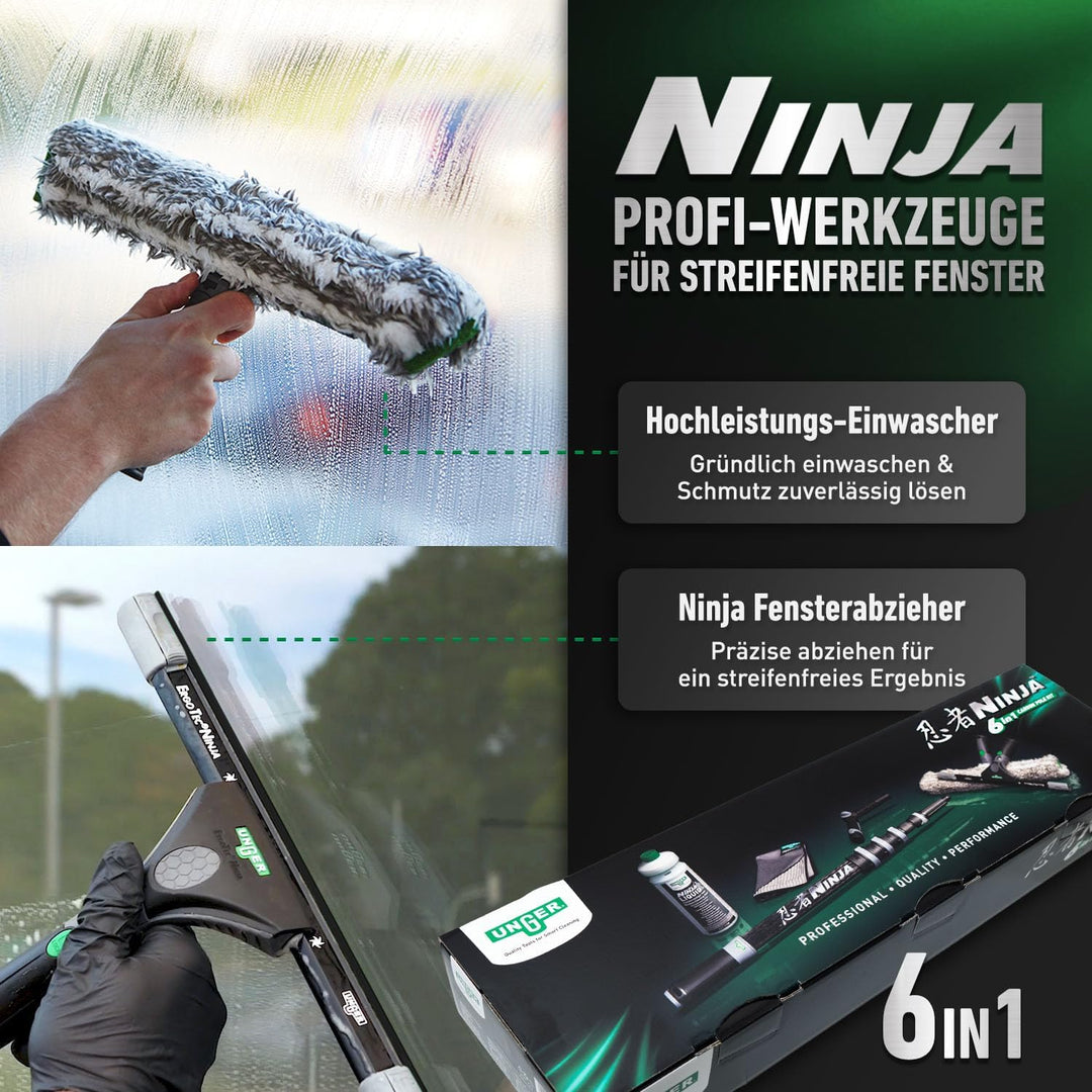 UNGER Ninja Profi Fensterreiniger 6in1 Carbon Stangen-Kit – Premium Fensterputzer Set mit Carbon-Tel