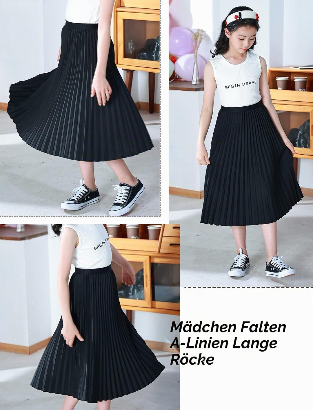 Maeau Mädchen Plisseerock Einfarbiger, Faltenrock Chiffon Gummizug in der Taille, Rock Lang für Frei