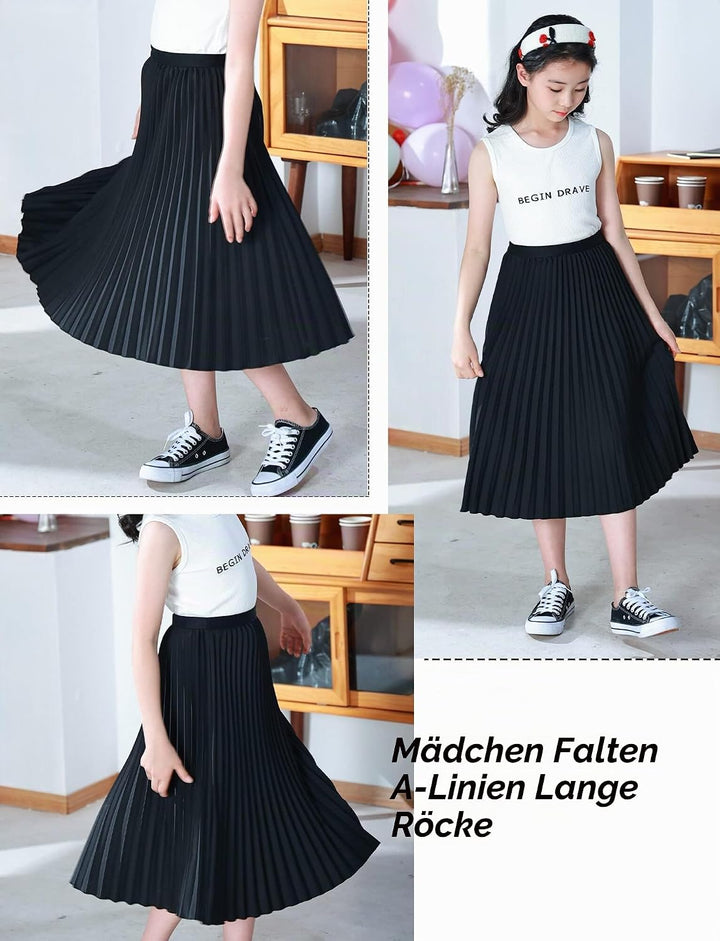 Maeau Mädchen Plisseerock Einfarbiger, Faltenrock Chiffon Gummizug in der Taille, Rock Lang für Frei