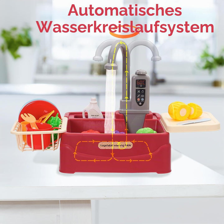 Spielspüle Kinder,Küchenspüle Spielzeug Set mit Wasserkreislauf, Elektrischem Wasserhahn,Rollenspiel