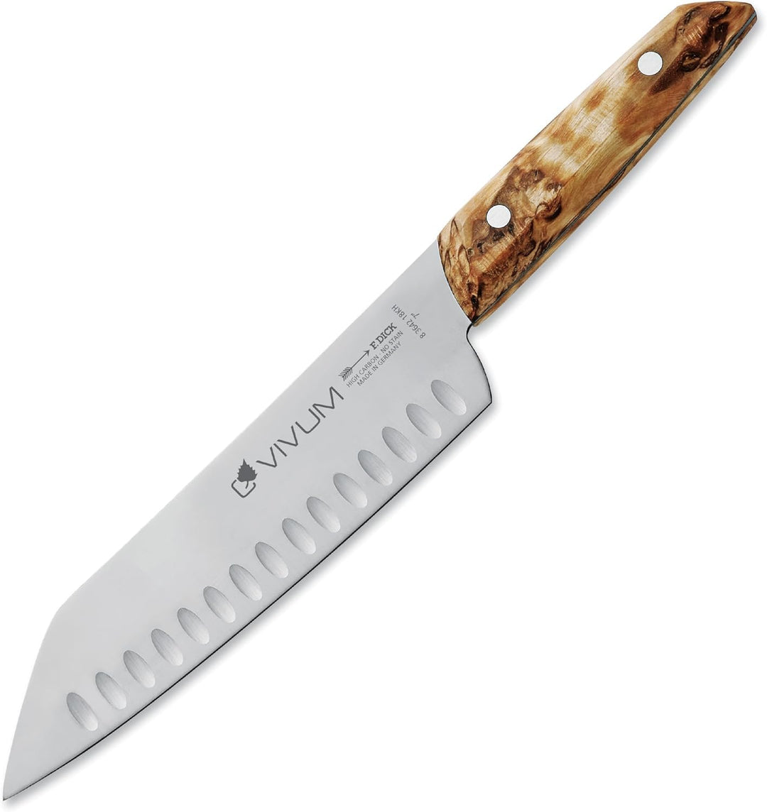 F. DICK Santoku VIVUM 18 cm - rostfrei, Klinge extra scharf, 58 HRC, Kullenschliff Kochmesser Birken