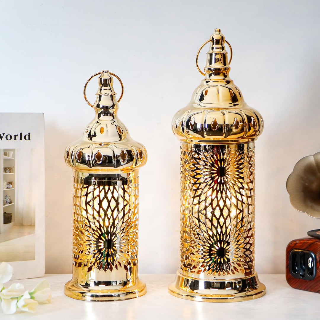TRIROCKS Ramadan Laternen, 2er-Set 32 cm & 25 cm grosse goldene elektrische Kerzenhalter mit Timer,
