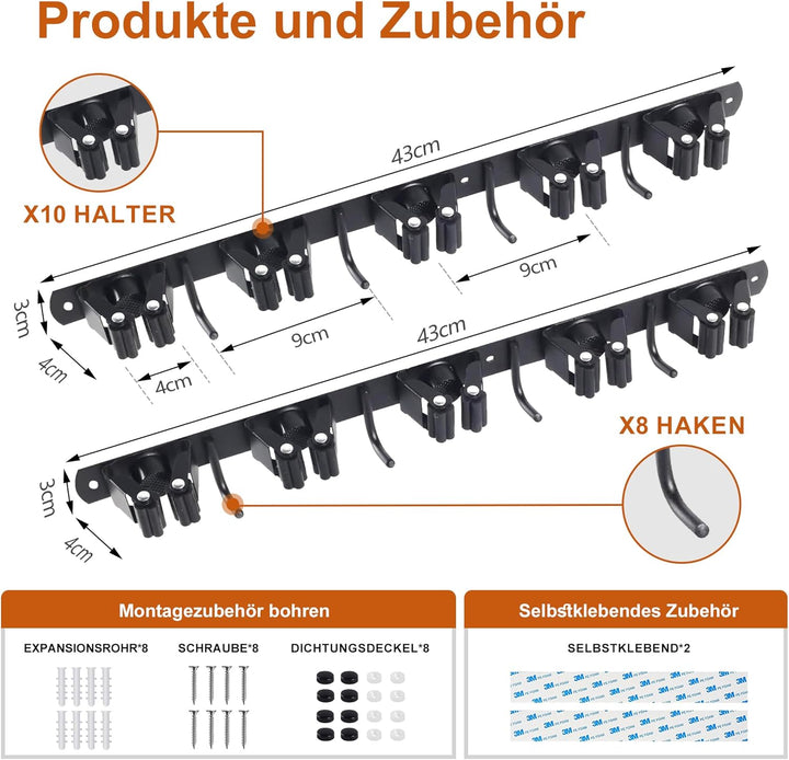 OMerima 2 Stück Besenhalterung Wand, 10 Halter + 8 Haken Edelstahl Gerätehalter, Selbstklebend Garte