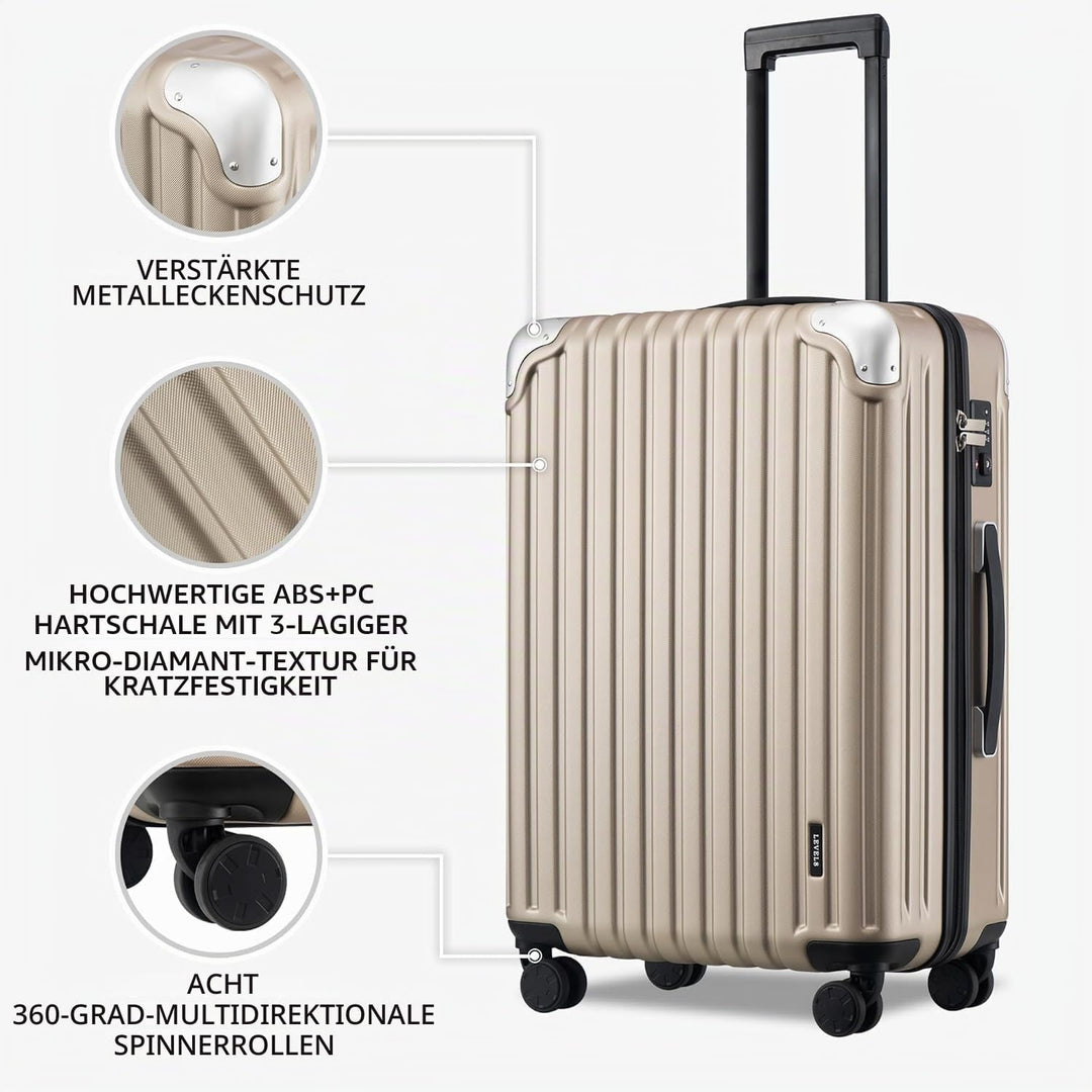 LEVEL8 Koffer Trolleys Handgepäck Hartschalenkoffer Rollkoffer Reisekoffer, TSA Champagner Set 20/24