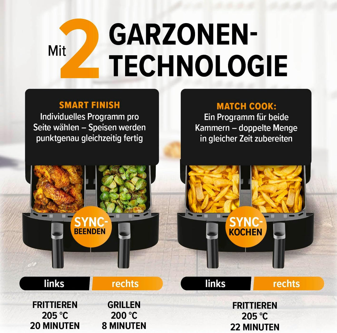 GOURMETmaxx Doppelkammer-Heissluftfritteuse 2x 3,5L - Schwarz | Airfryer + synchronisierte Garzonen,