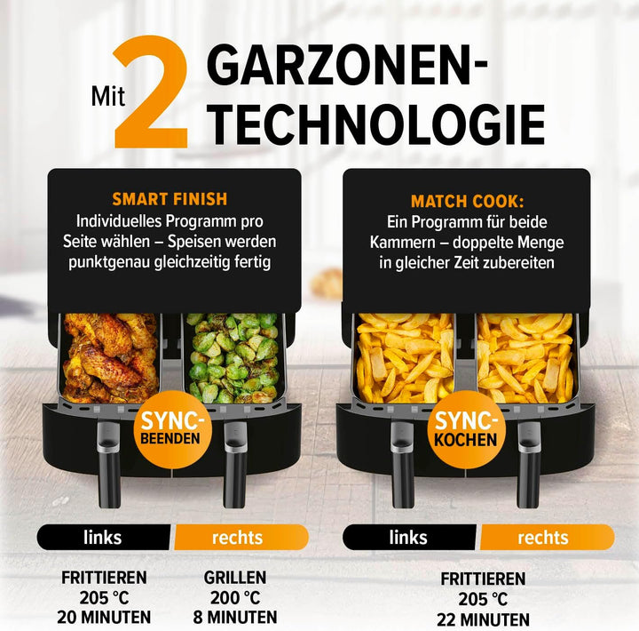 GOURMETmaxx Doppelkammer-Heissluftfritteuse 2x 3,5L - Schwarz | Airfryer + synchronisierte Garzonen,