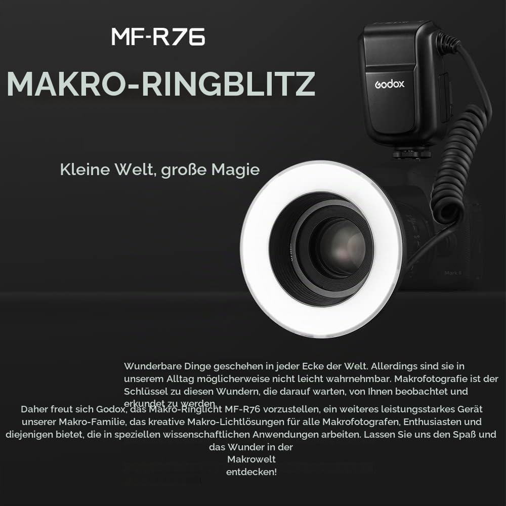 Godox MF-R76 Macro Ring Blitzlicht GN14 10 Stufen einstellbare Helligkeit mit 8 Stück Adapterring Gr