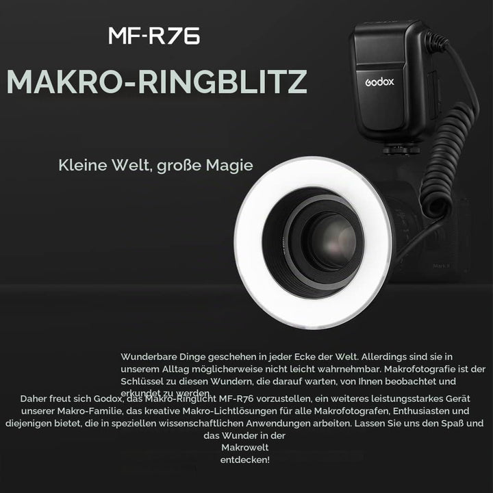 Godox MF-R76 Macro Ring Blitzlicht GN14 10 Stufen einstellbare Helligkeit mit 8 Stück Adapterring Gr