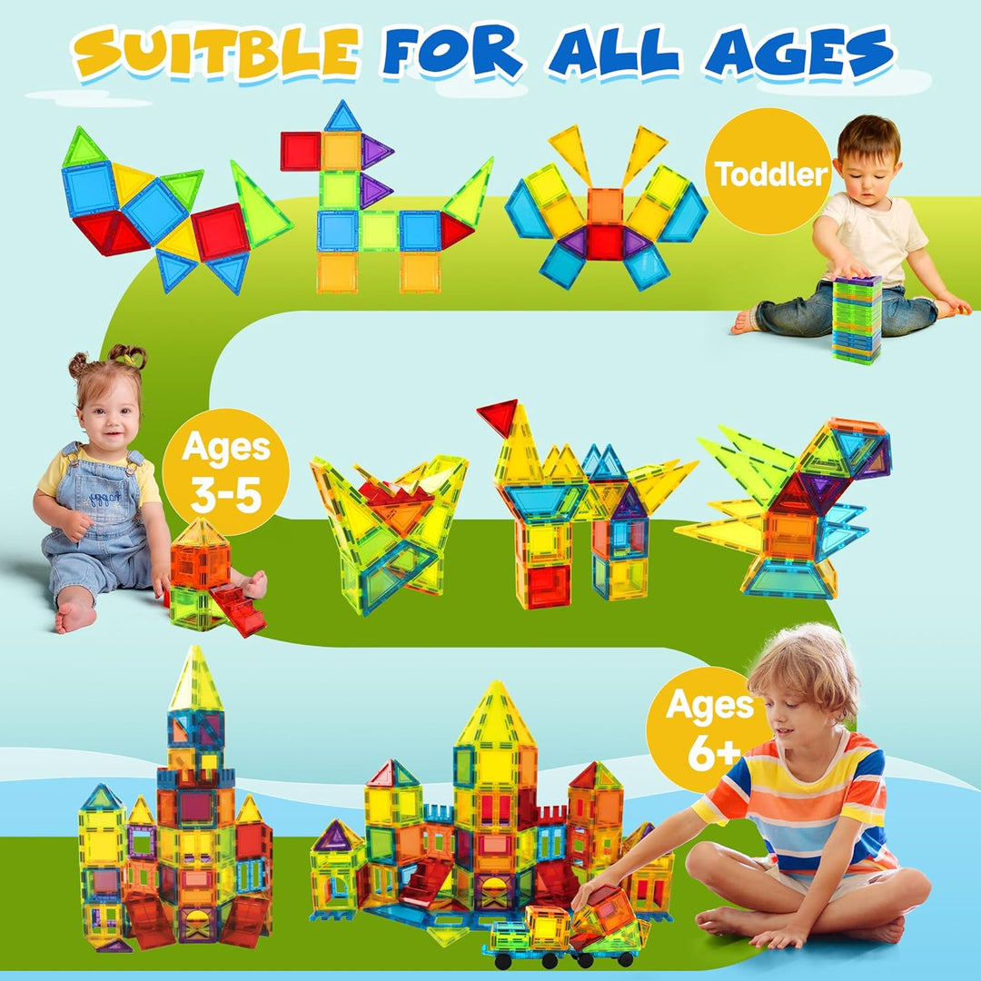 Magnetische Bauklötze Spielzeug 131 Stück mit 2 Autos, Magnetische Kacheln Spielzeug für Kinder, Lea