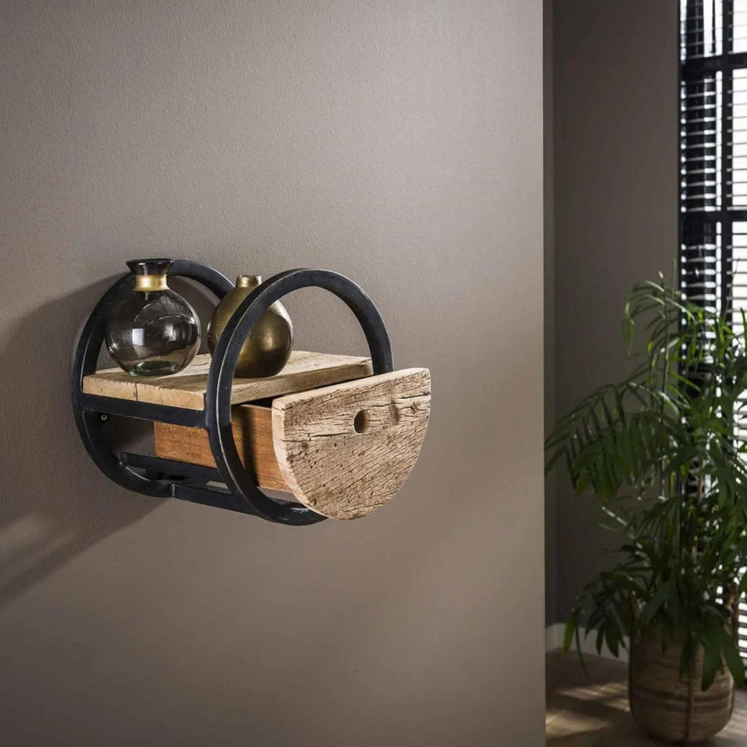 Ringo-Living Rundes Regal Metall & Massivholz mit Schublade, Hängende Kommode aus Hartholz & Metallu