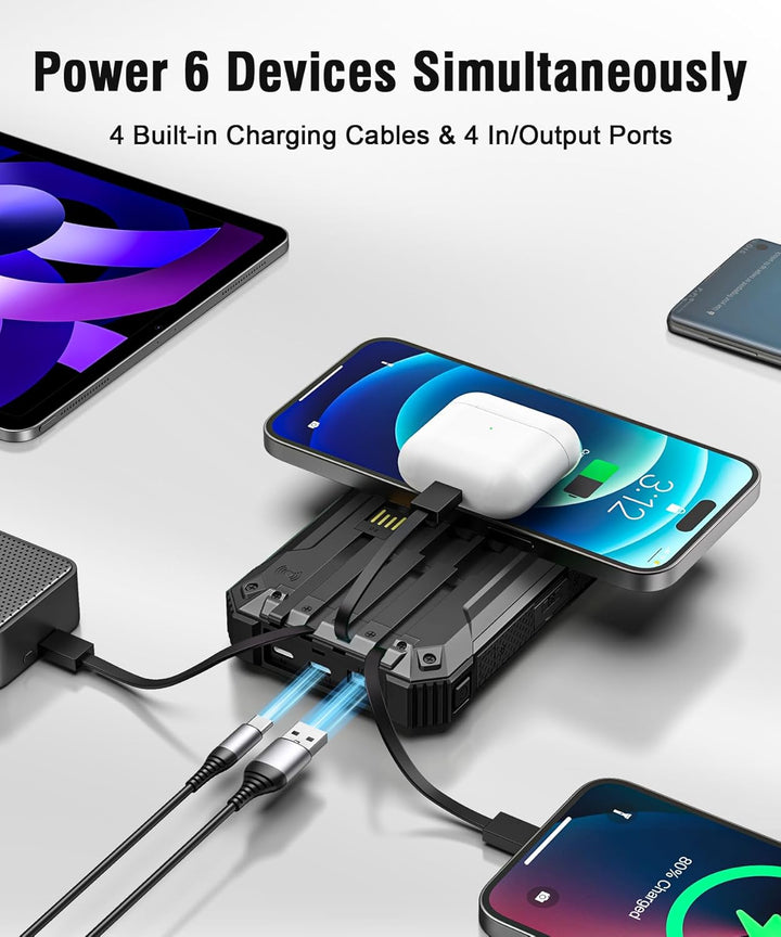 Solar Powerbank 26800mAh mit integrierten 4 Kabeln, Wireless Power Bank USB-C Ausgang/Eingang 15W Sc