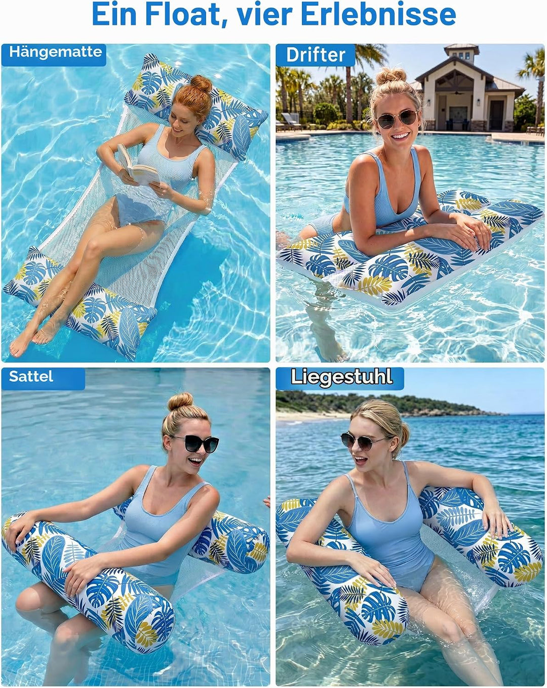 2 Stück Luftmatratze Pool XL - 4 in 1 Wasserhängematte mit Kopfstütze - Aufblasbare Luftmatratze Was