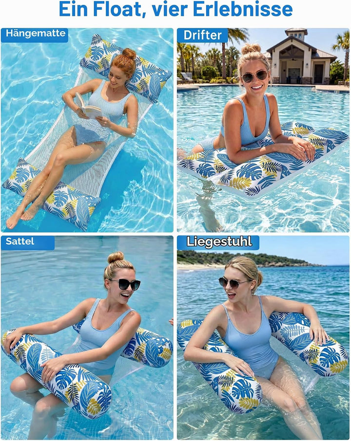 2 Stück Luftmatratze Pool XL - 4 in 1 Wasserhängematte mit Kopfstütze - Aufblasbare Luftmatratze Was