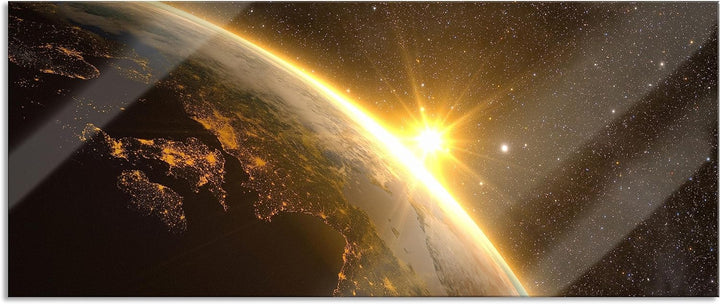 Glasbild Panorama | Wandbild aus Echtglas | Die Sonne und Erde im Weltall | 100x40 cm | inkl. Aufhän