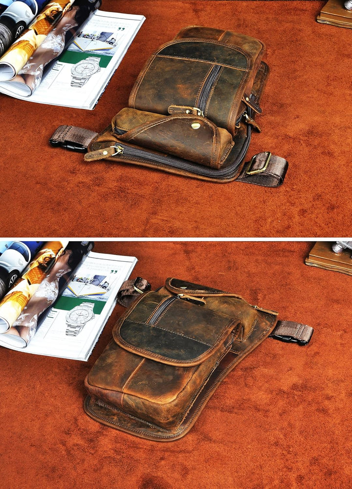 Le'aokuu Herren Echtes Leder Tasche Beinbeutel Beintasche Aussenbeintasche Drop Leg Thigh Bag Lassig