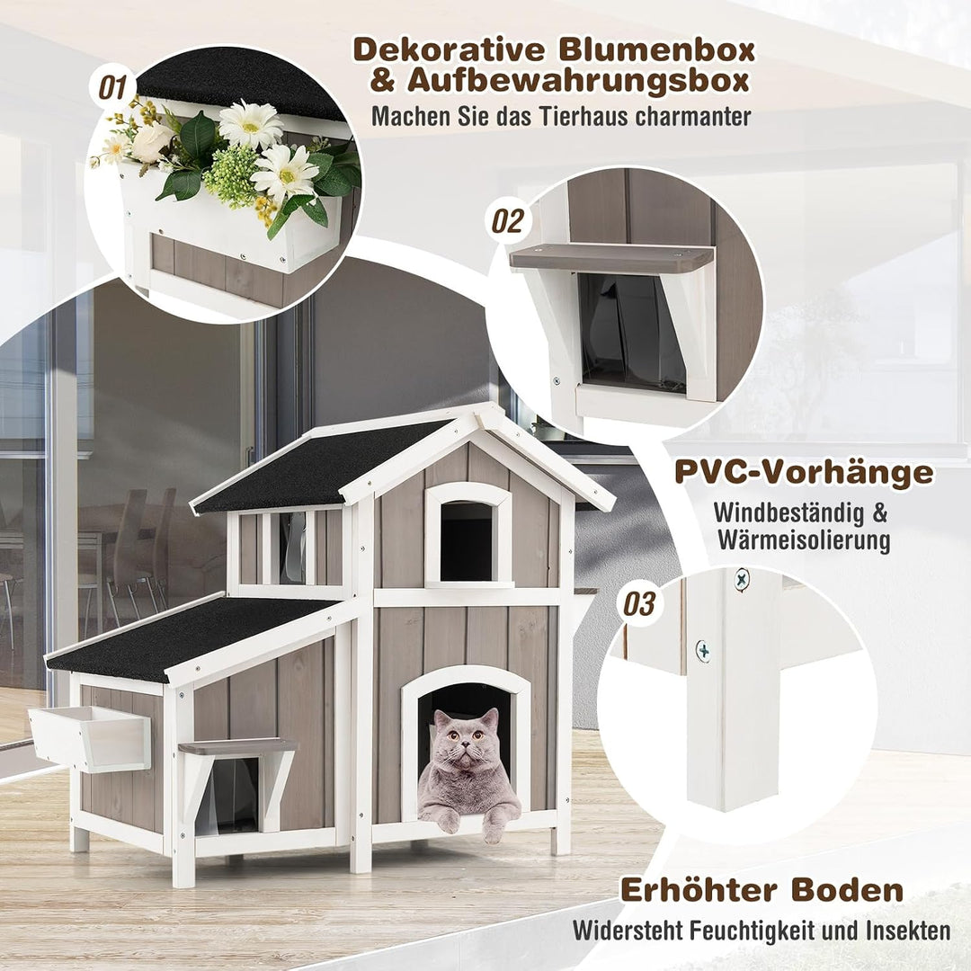 COSTWAY Katzenhaus Outdoor, 2-stöckige Katzenhütte, Katzenvilla mit Asphaltdach, Fluchttüren, PVC-Vo