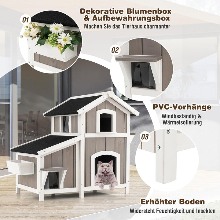 COSTWAY Katzenhaus Outdoor, 2-stöckige Katzenhütte, Katzenvilla mit Asphaltdach, Fluchttüren, PVC-Vo