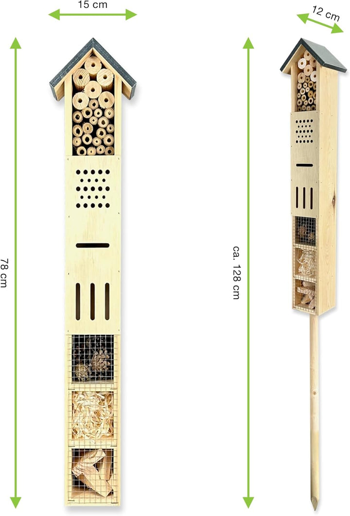 GARTENETAGE Freistehendes Insektenhotel aus Holz mit Erdspiess – Ideal für Wildbienen, Schmetterling
