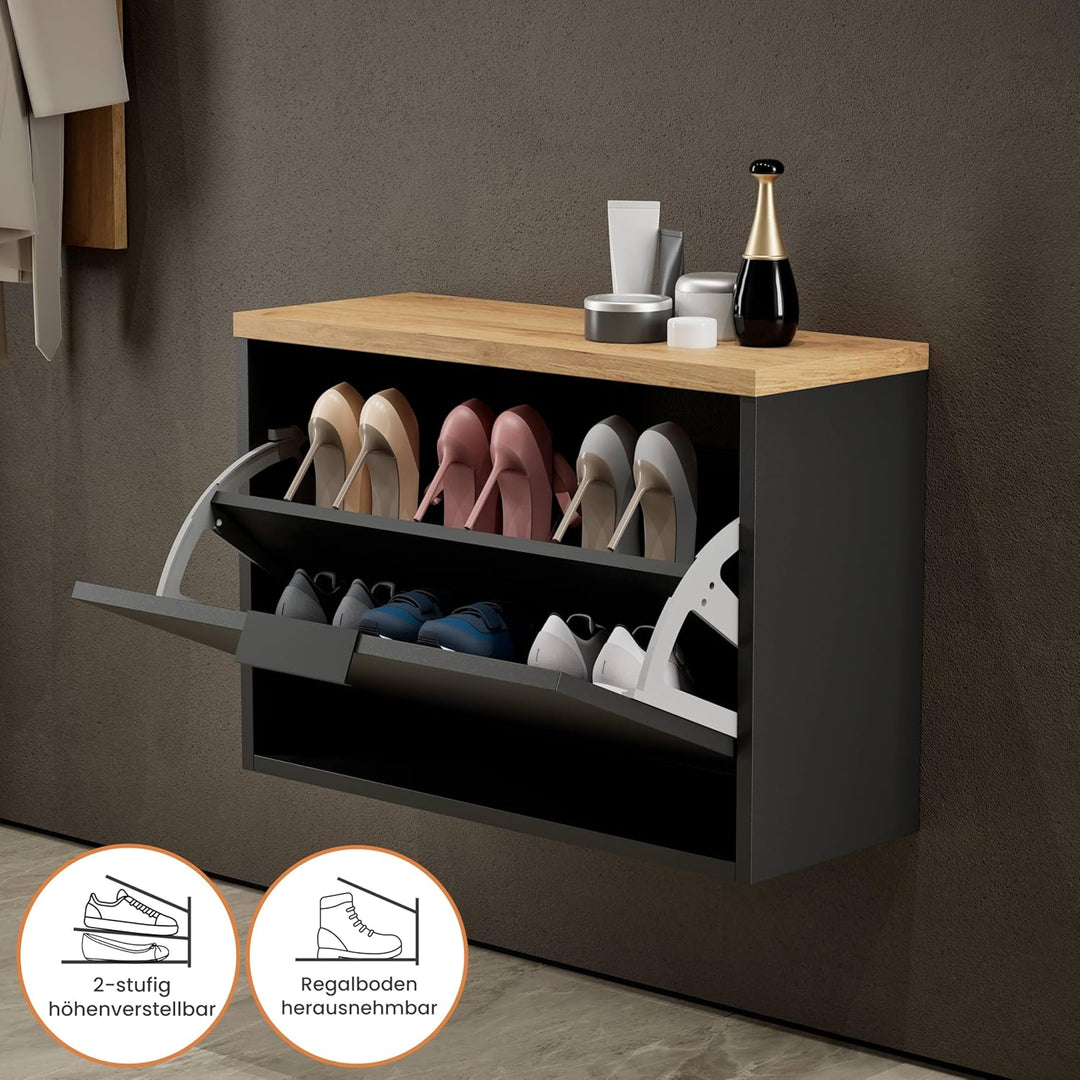 Planetmöbel Schuhschrank schmal inkl. runder Spiegel mit Beleuchtung 60 cm (3 Lichtstufen) Schuhkomm