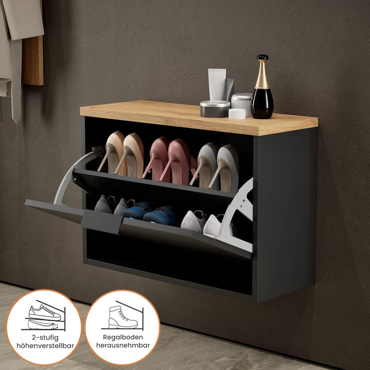 Planetmöbel Schuhschrank schmal inkl. runder Spiegel mit Beleuchtung 60 cm (3 Lichtstufen) Schuhkomm