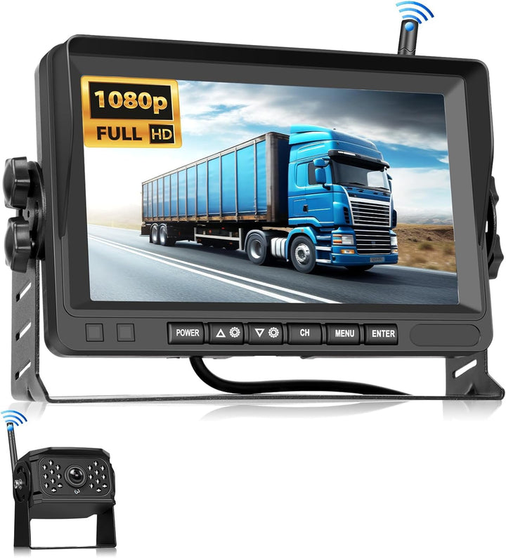 VECHTEL 1080P Drahtlose Rückfahrkamera, Kit Monitor mit 7 Zoll IPS Bildschirm für LKW, Bus, Van, Woh