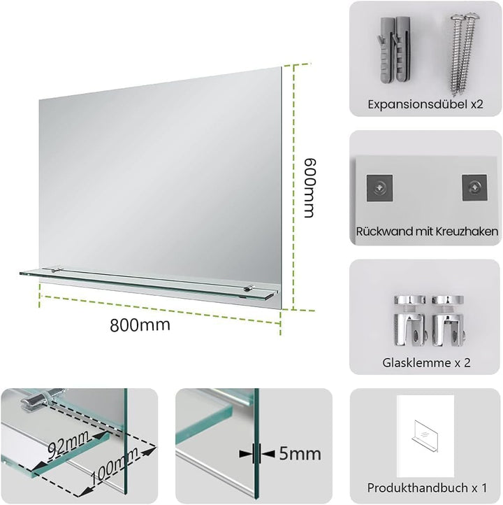 S'AFIELINA Spiegel mit Ablage 80x60 cm – Rahmenloser Wandspiegel für Badezimmer & Gäste-WC – Klassis