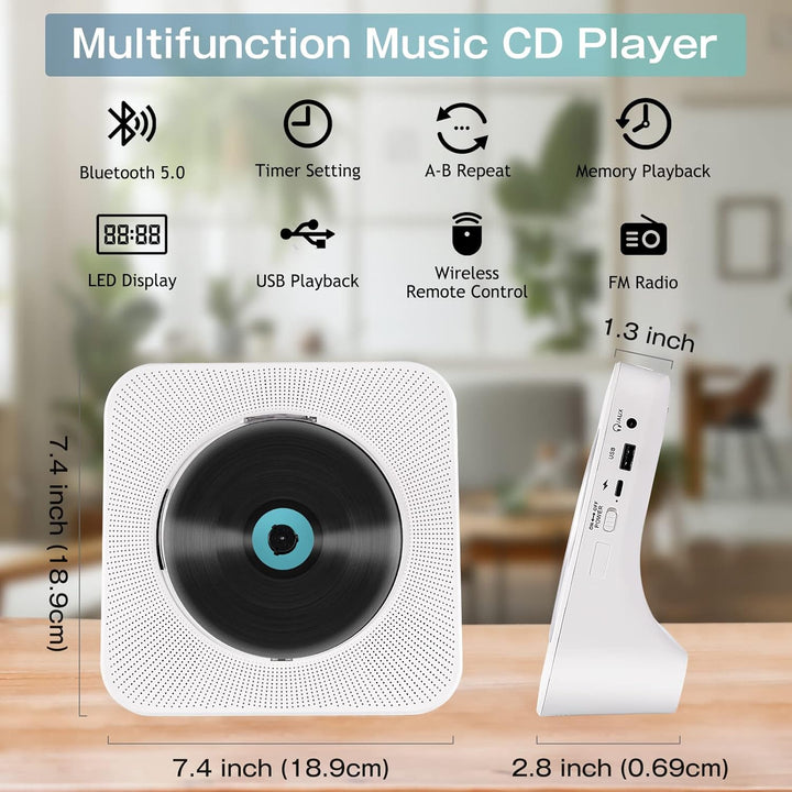 CD Player Tragbar, Bluetooth CD Player Klein Lautsprecher/USB-Lesegerät/FM Radio/Timer, LCD-Display,